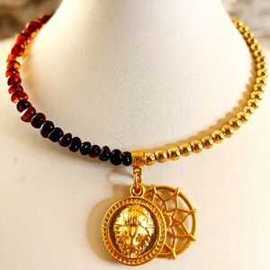 Natural Baltic Amber & Gold Balls Beaded Choker Necklace With Lion & Sun Pendant